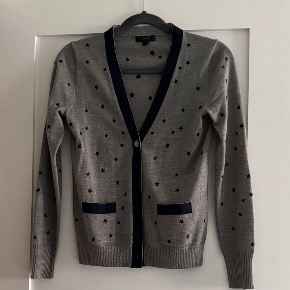 J. Crew Grey Cardigan with Navy Star Pattern and Navy Ribbon Trim